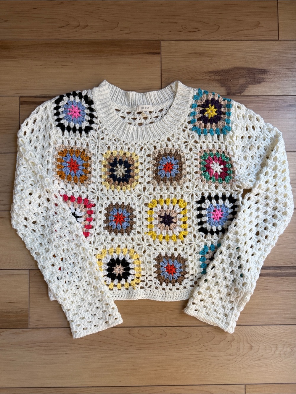 Cropped Oversized Long sleeve Crochet Granny Square Sweater Size Small